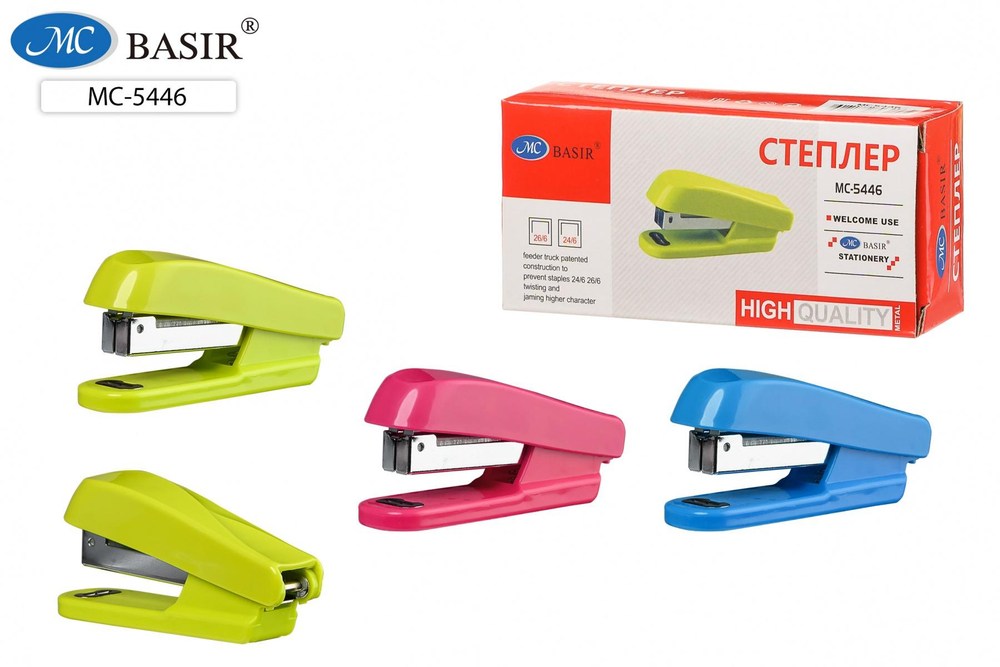Степлер 24/6 и 26/6, 10,3*3,5*3,0см, пластм. корпус ,в ассорт., в картон. уп.(Basir)