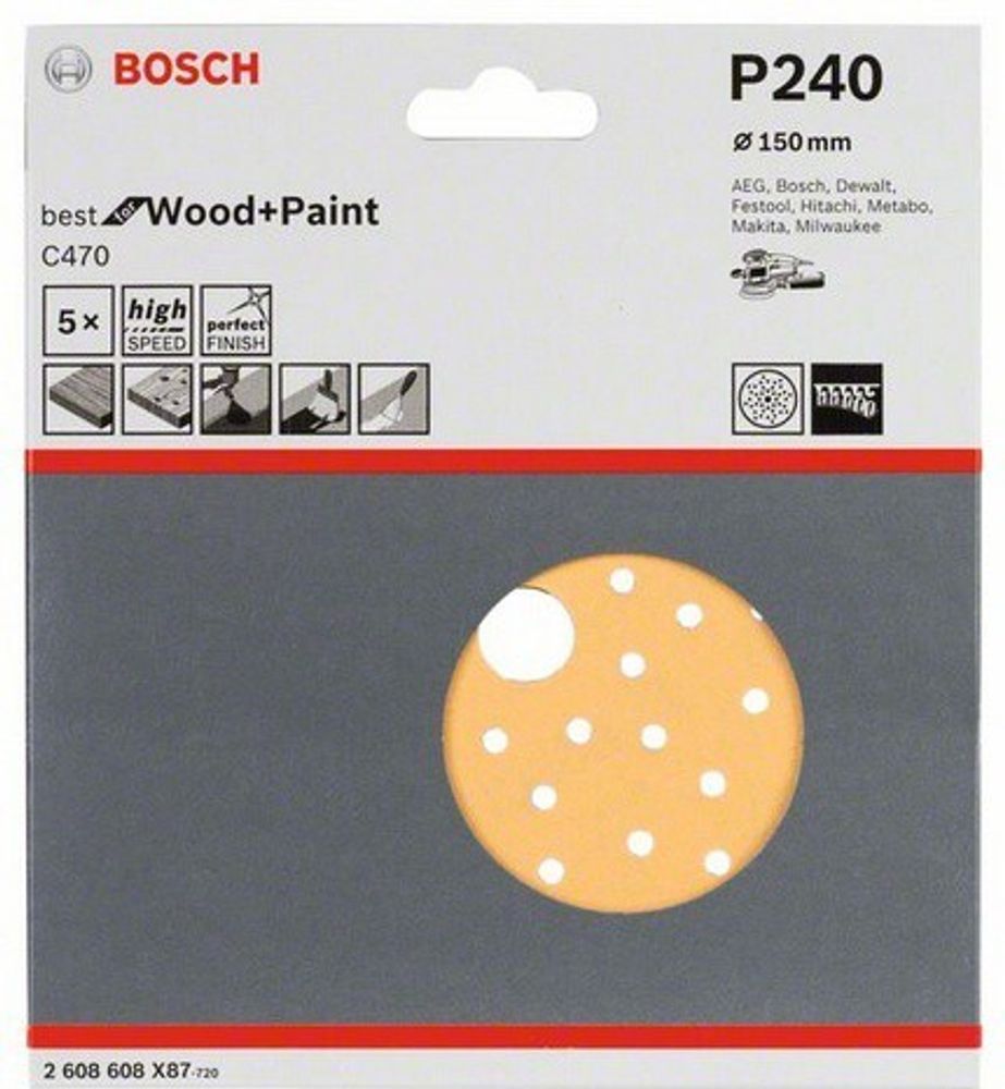 Шлифкруг 150 мм BOSCH 5 шлифлистов Best for Wood+Paint Multihole O K240