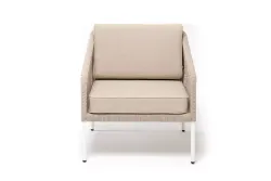 "Канны" кресло плетеное из роупа, каркас алюминий белый муар, роуп бежевый круглый, ткань бежевая 052