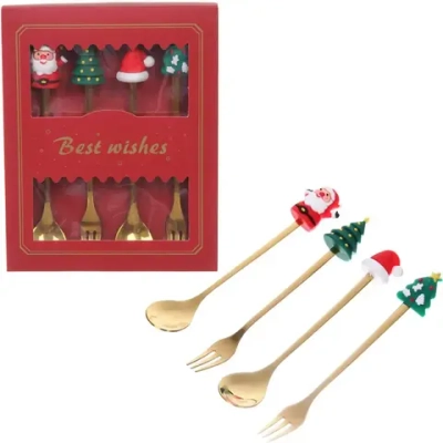 Набор для десерта «Дед Мороз и Ёлка» 4предмета (2ложки+2вилки) в подарочной коробке,золото