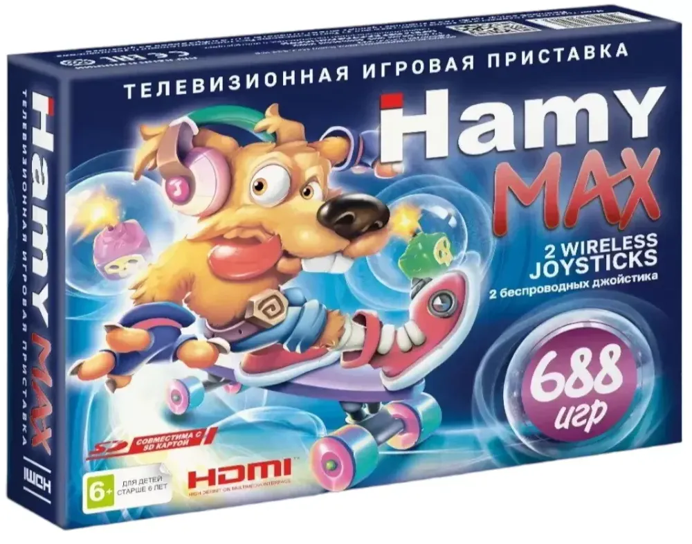 Игровая приставка 8 bit + 16 bit Hamy MAX HDMI (688 в 1) + 688 встроенных игр + 2 беспроводных геймпада (Черная)