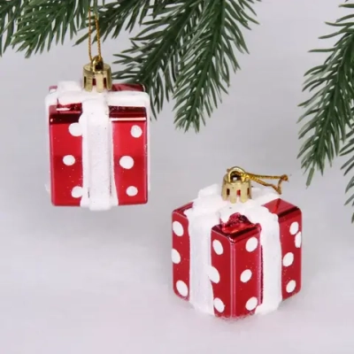 Елочные игрушки «Подарочки в горошек» 3,5 см (набор 2 шт), Красный