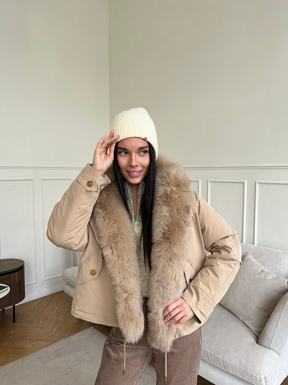 Парка Extra Lux с натуральным мехом бежевый