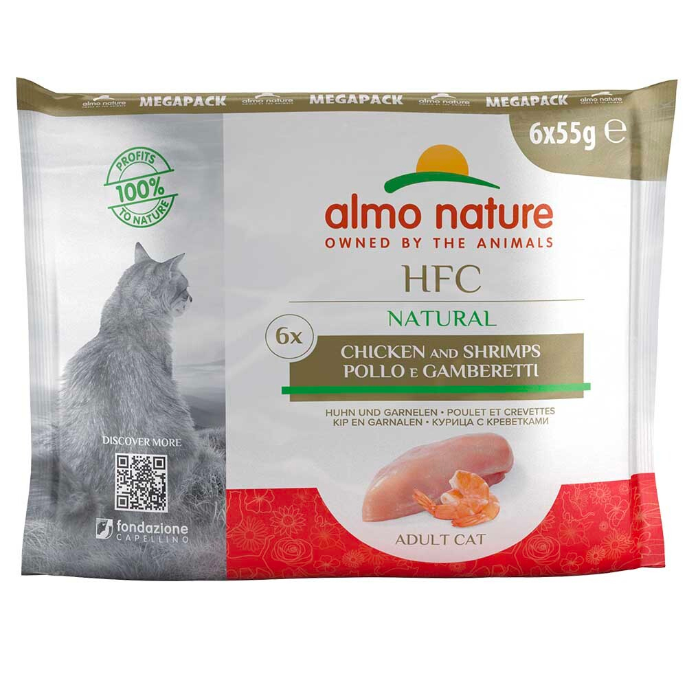 Almo Nature консервы для кошек "HFC Natural" с курицей и креветками (50% мяса) 6 штук по 55 г набор пакетиков
