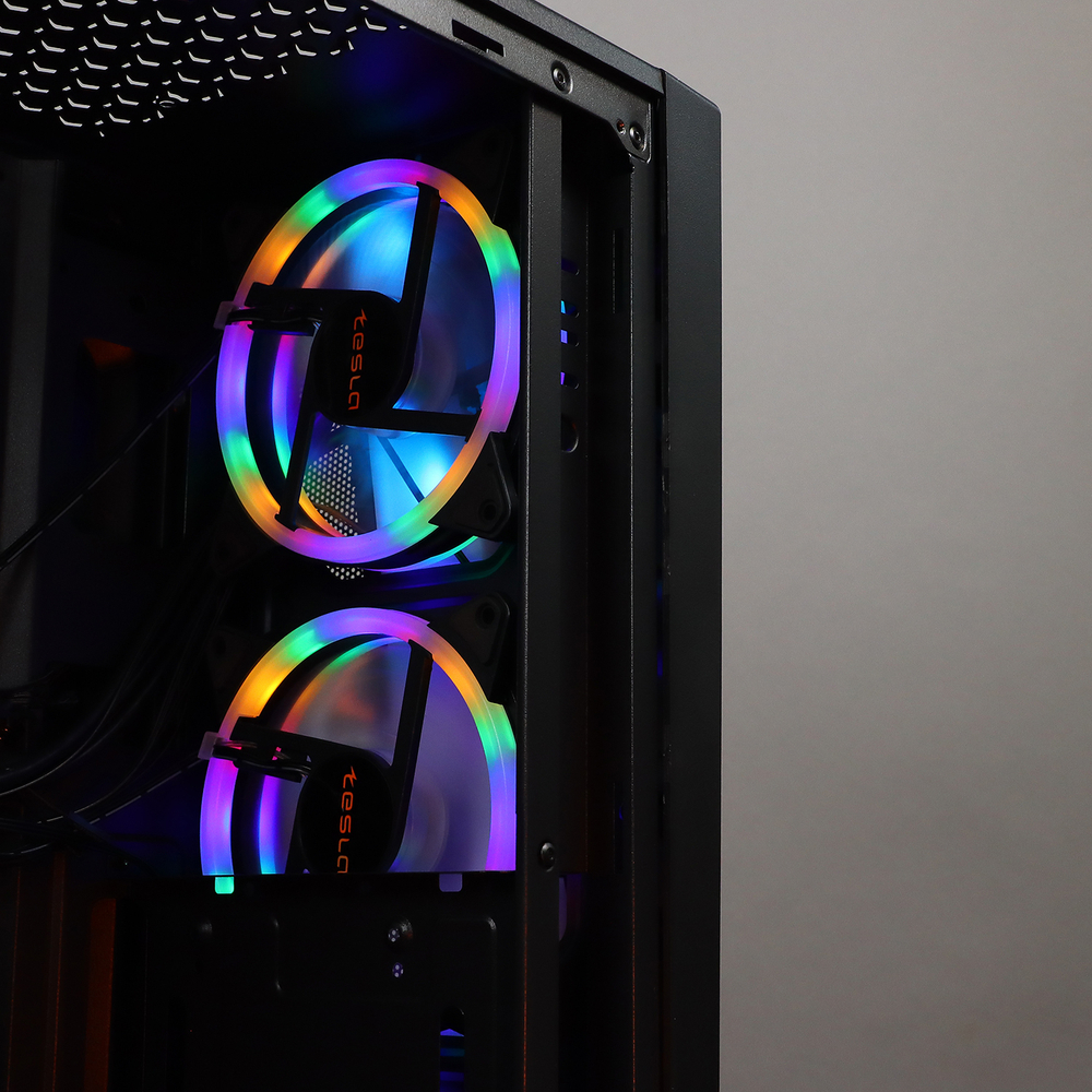 Корпус TESLA TSL-100, Без БП, ATX, RGB, чёрный, 4xRGB FAN, 2xUSB2, 1xUSB3, бок: закалённое стекло (TSL-100-4FB-RGB)