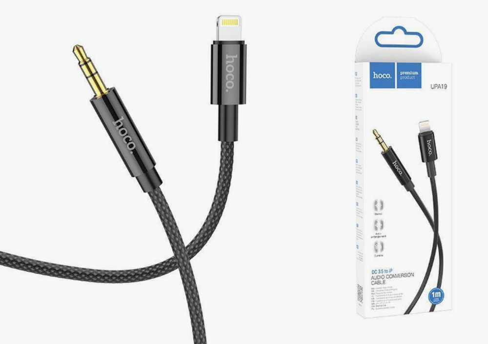 Шнур AUX (аудиокабель)-адаптер Айфон lighting 3,5А, 1,0м черный "Hoco" UPA19