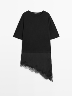 Massimo Dutti Платье с контрастной отделкой кружевом, черный