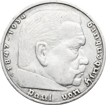 5 рейхсмарок 1936 Германия (Третий Рейх) "G", Орел без свастики (Гинденбург)