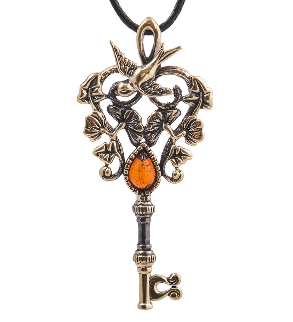 AM-4128 Подвеска «Ключик Ласточка» (латунь, янтарь)