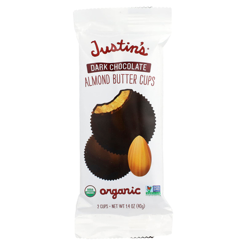 Justin's Nut Butter, Органический темный шоколад с миндальным маслом, 2 стакана, 40 г (1,4 унции)