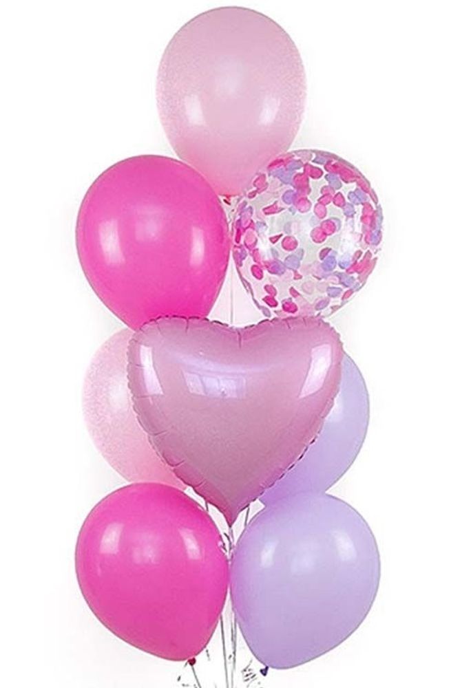 Шарики с гелием фиолетовые и розовые с сердечком для девочки
