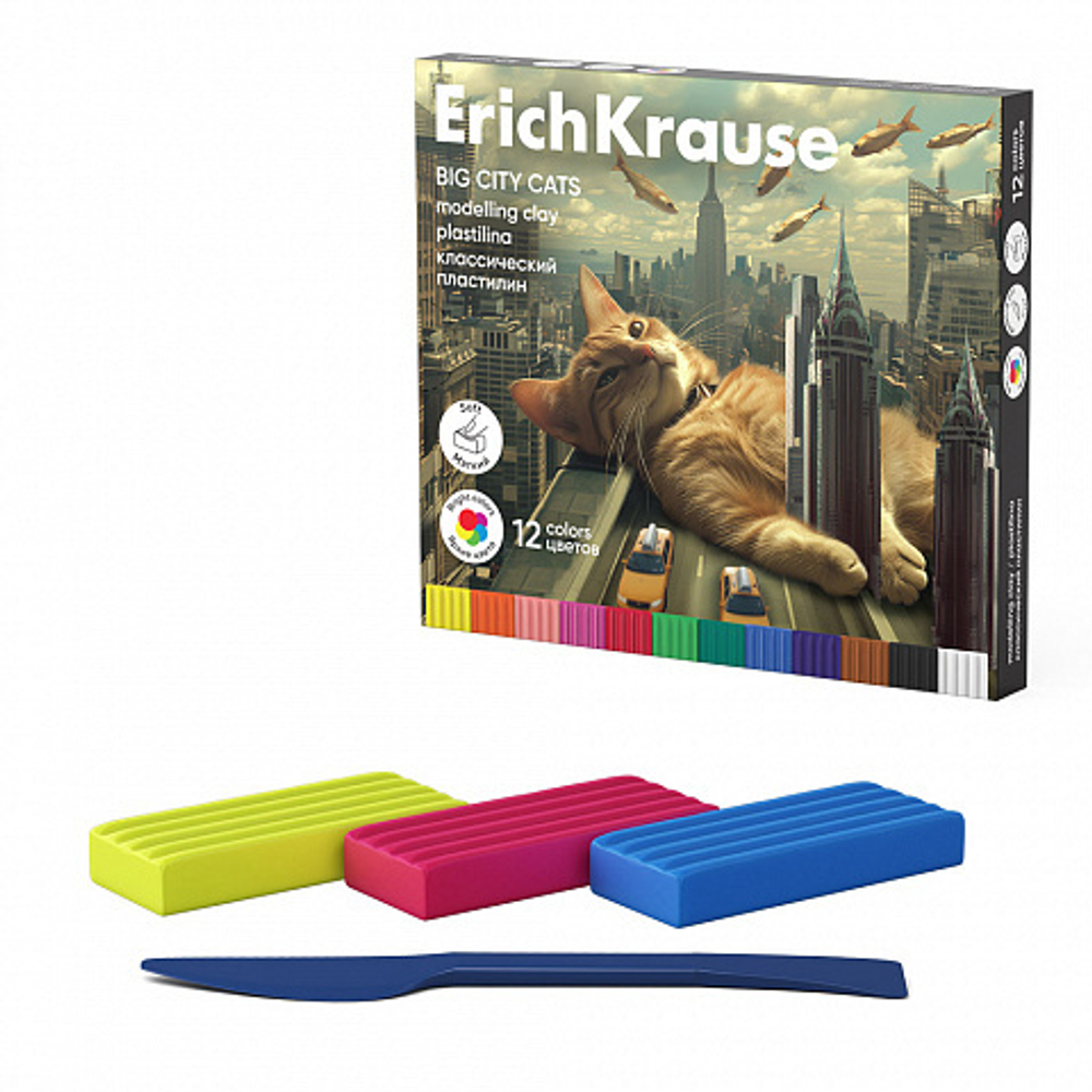 Пластилин 12цв 180гр. Erich Krause Big City Cats со стеком
