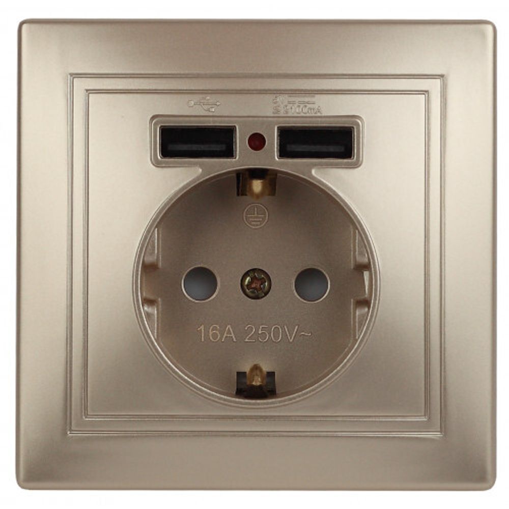 Розетка Intro Plano 1-410-04 с заземлением 2P+E Schuko со шторками, 16А-250В + 2хUSB 5В-2,1А, IP20, СУ, шампань | Intro Plano
