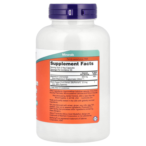 NOW Foods, глицинат магния с BioPerine®, 180 растительных капсул