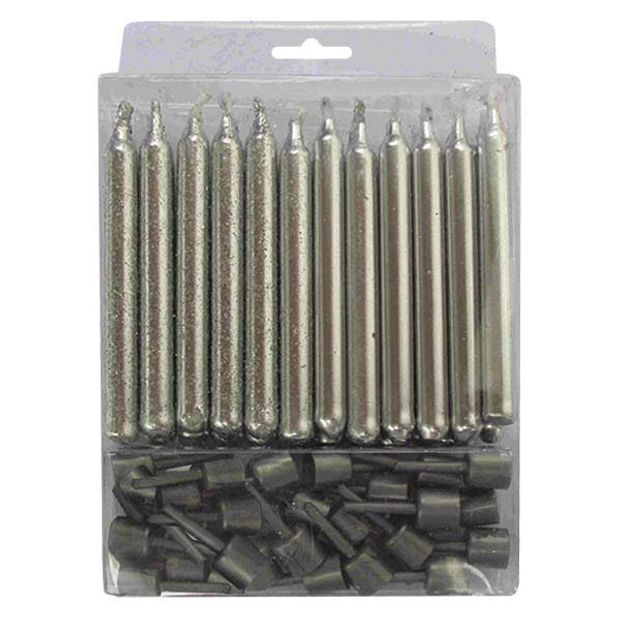 Свечи серебряные с блестками 24 шт с держателями 6 см