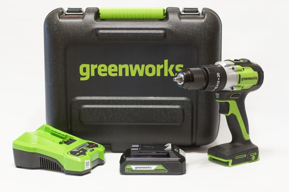 Дрель-шуруповерт 24V Greenworks GD24DD60K2 ударная б/щ 60Нм АКБ 2Ач и ЗУ кейс