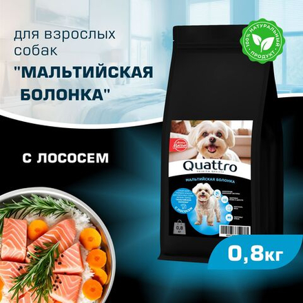 Корм сухой для взрослых собак породы Мальтийская болонка, с лососем, 800 гр, QUATTRO