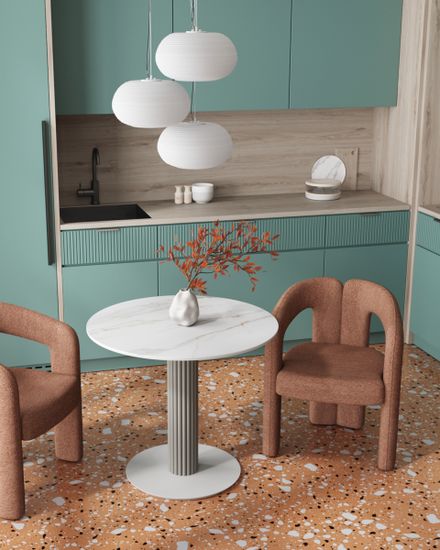 Стол круглый Терралино D90 верх керамика белый матовый, основание металл латте