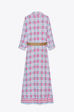 ZARA ПЛАТЬЕ МИДИ С ПРИНТОМ И ПОЯСОМ, РАЗНОЦВЕТНЫЙ