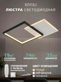 Люстра потолочная светодиодная с пультом ДУ Rivoli черно-белая 74 Вт 3000К-6000К, светильник на кухню, в детскую, в спальню