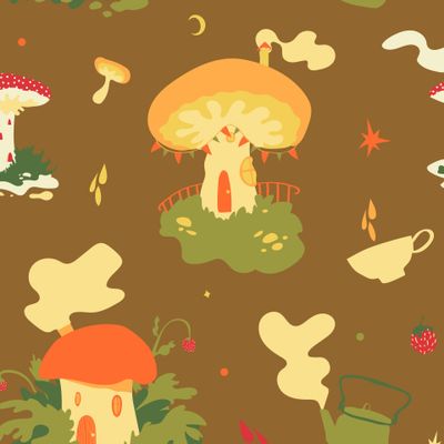 Волшебные грибы. Домики фей на коричневом фоне с ягодками, чайниками и чашкой. Magic mushrooms