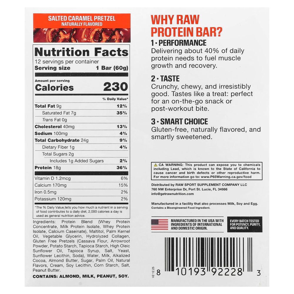 Raw Nutrition, протеиновый батончик, крендель с соленой карамелью, 12 батончиков по 60 г (2,11 унции)