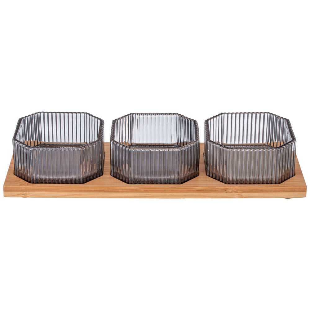 НАБОР ЕМКОСТЕЙ ИЗ 3-Х ШТУК "PERFO SMOKY" 8,5*4СМ НА БАМБУКОВОЙ ПОДСТАВКЕ