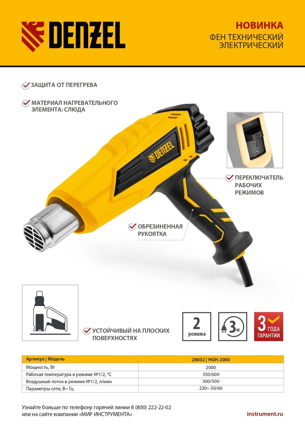 28002 Фен технический HGH-2000, 2000 Вт, 2 режима Denzel