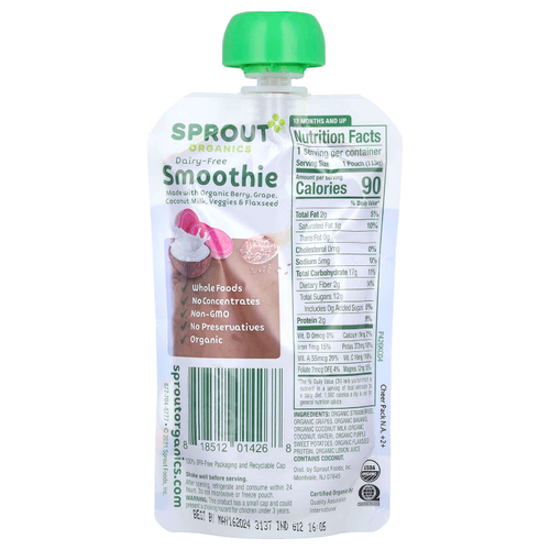Sprout Organics, детское питание, безмолочный смузи, от 12 месяцев, ягоды, виноград, кокосовое молоко, овощи и семена льна, 113 г (4 унции)