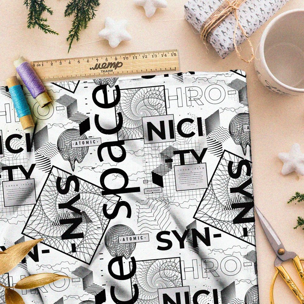 Ткань бифлекс стильный цифровой коллаж на белом фоне