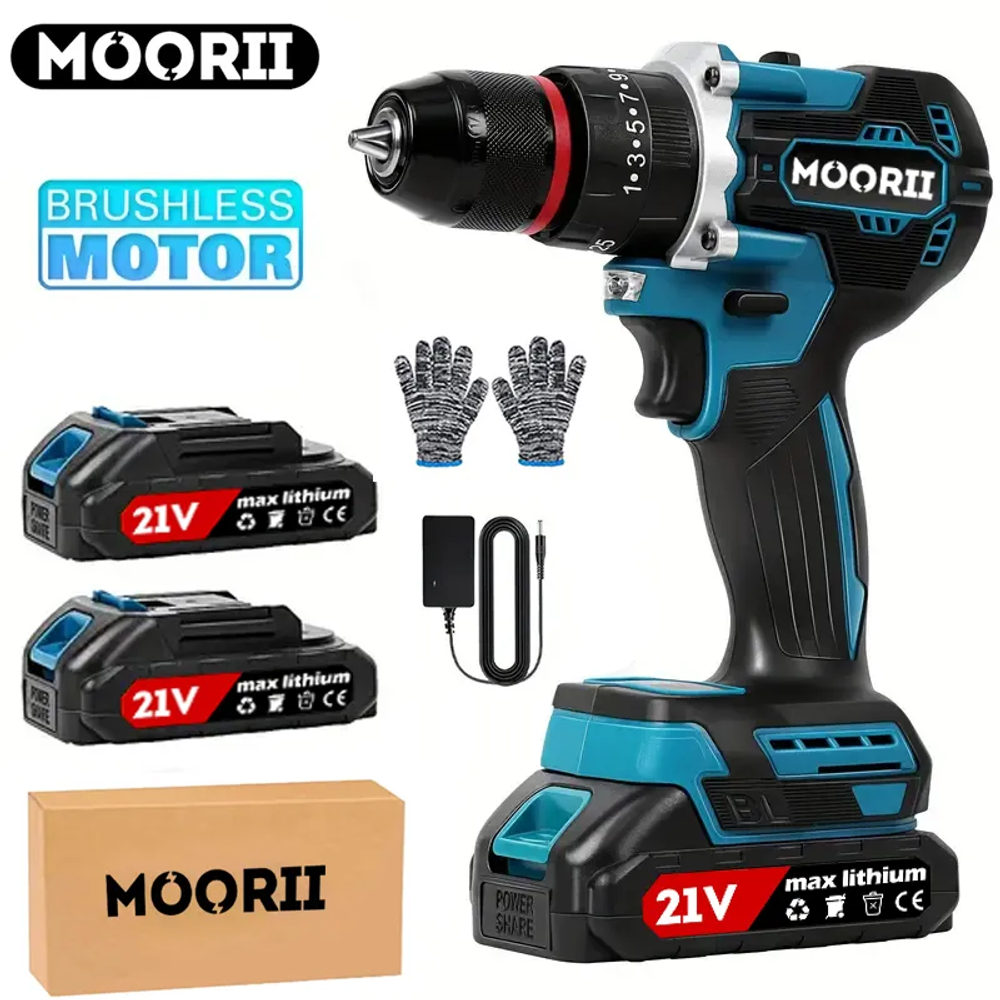 MOORII Шуруповерт, 21 В, 100 Нм, 2 АКБ
