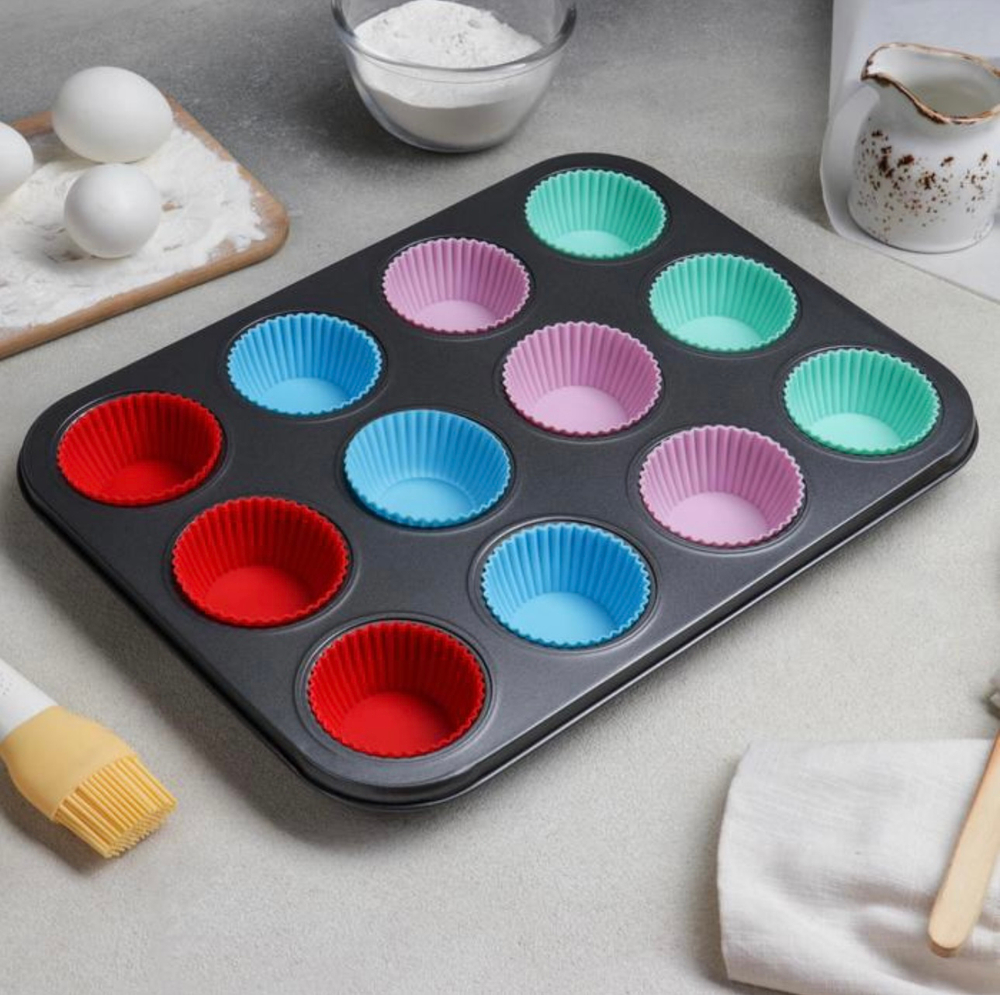 Форма для выпечки 35×26,5×2,5 см, 12 ячеек, силиконовые вкладки, антипригарное покрытие
