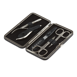Фото маникюрный набор 5 предметов DEWAL 903BLACK Инструменты: ножницы для ногтей, ножницы для кутикулы, пилка металлическая 12,5 см, кусачки для кутикулы, пинцет скошенный. Футляр: натуральная кожа, цвет черный