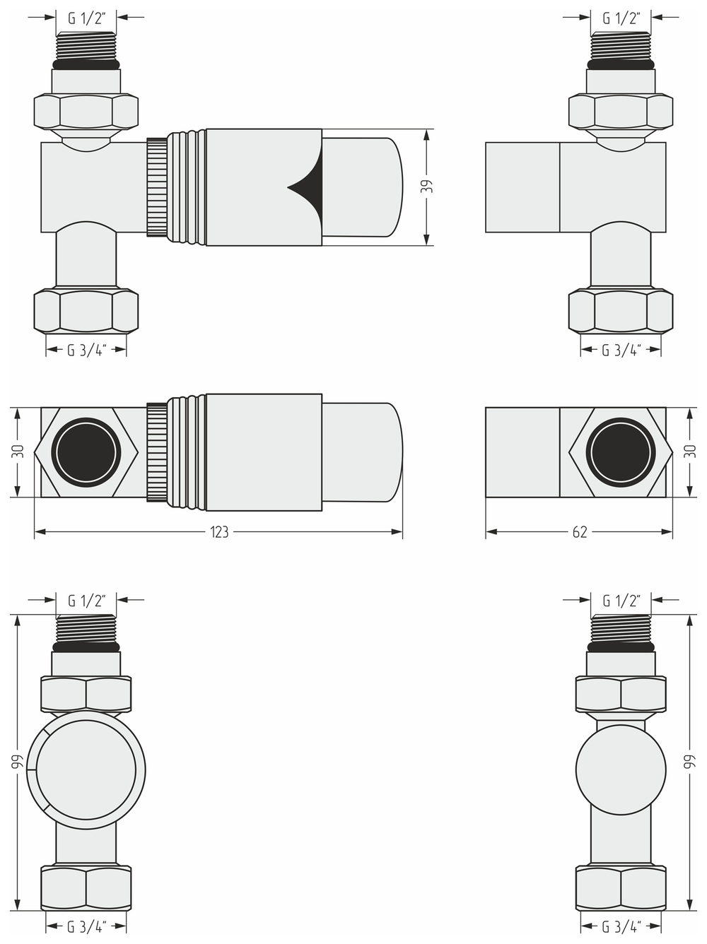 Автоматический терморегулятор Сунержа прямой (G 1/2" НР х G 3/4" НГ)