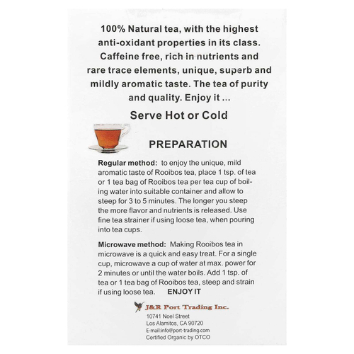 J&R Port Trading, Pure Rooibos Red Tea (Настоящий красный чай ройбуш), без кофеина, 40 чайных пакетиков, 100 г (3,53 унции)