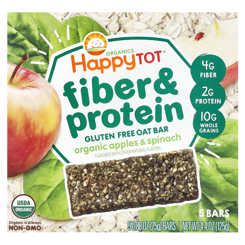 Happy Family Organics, Happy Tot®, овсяный батончик с клетчаткой и протеином, для детей от 2 лет, органические яблоки и шпинат, 5 батончиков по 25 г (0,88 унции)