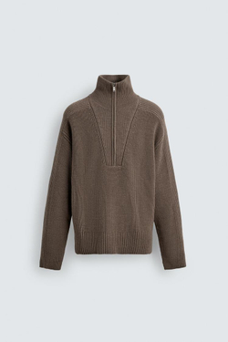 ZARA ВЯЗАНЫЙ СВИТЕР С ВОРОТНИКОМ НА МОЛНИИ, СЕРОВАТО-КОРИЧНЕВЫЙ