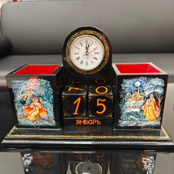 Настольный набор с часами и календарем с ручной росписью Палех "Русские сказки"