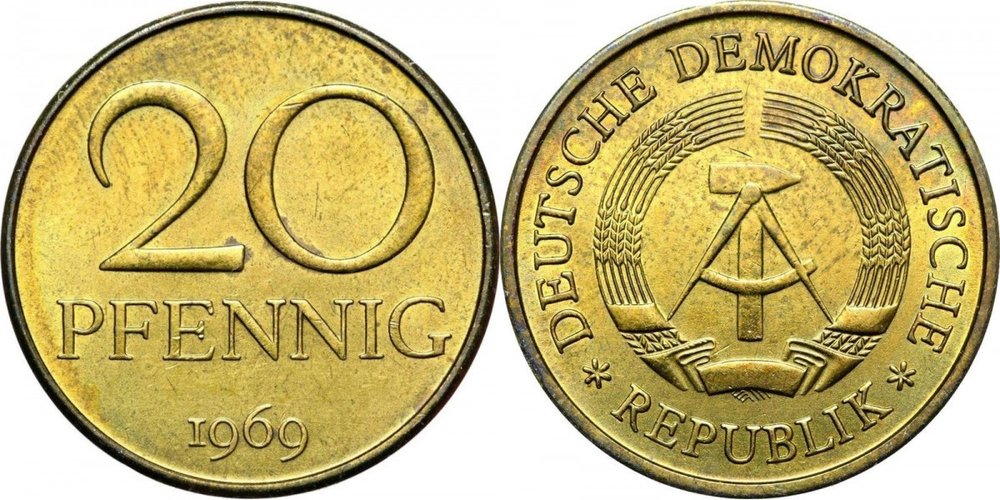 Германия - ГДР 20 пфеннигов, 1969 - 1990 Герб XF
