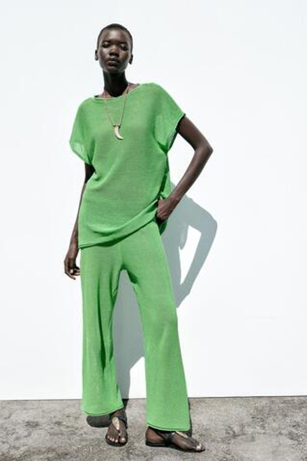 ZARA ТРИКОТАЖНЫЙ ТОП С ШИРОКИМИ РУКАВАМИ, ЗЕЛЕНЫЙ