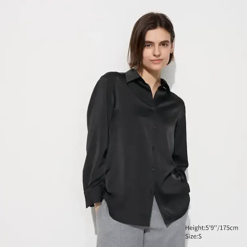 UNIQLO АТЛАСНАЯ БЛУЗКА,  ЧЕРНЫЙ