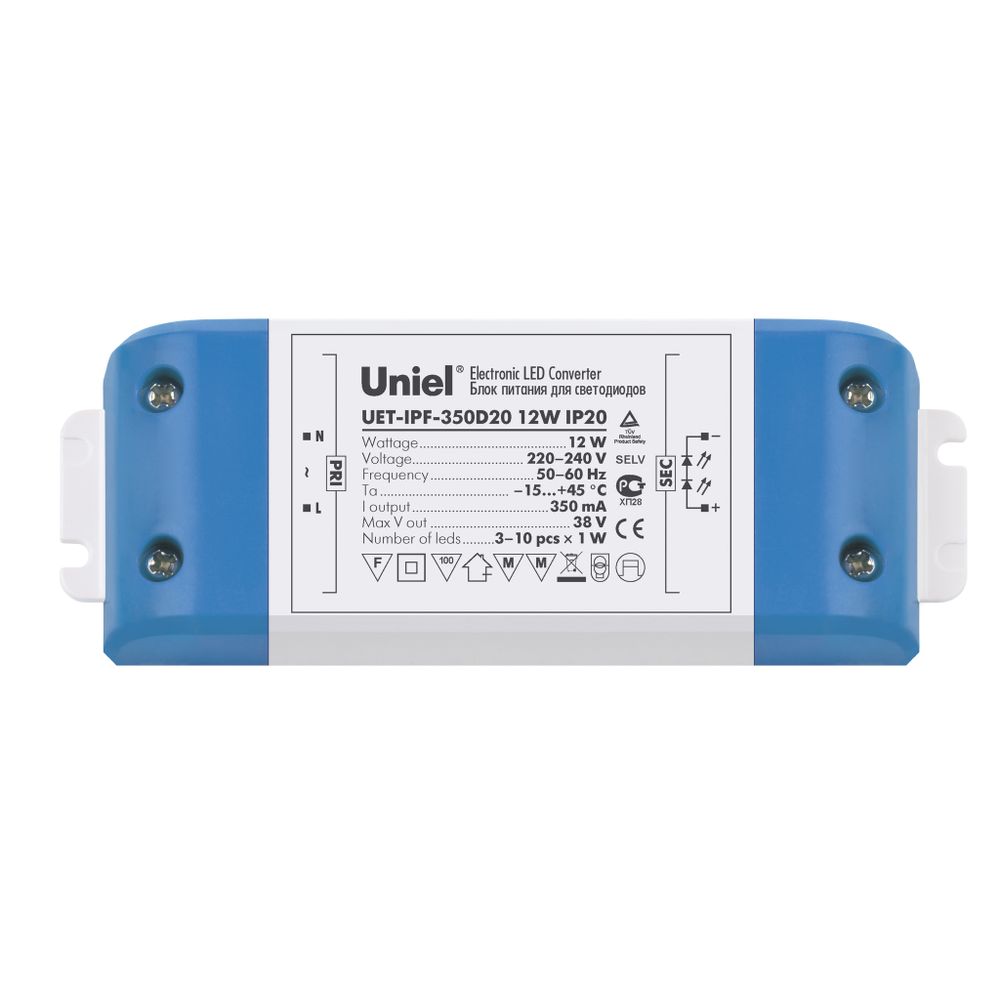 UET-IPF-350D20 Драйвер для светодиодов, пластиковый корпус, 12Вт, 350 мА, IP20