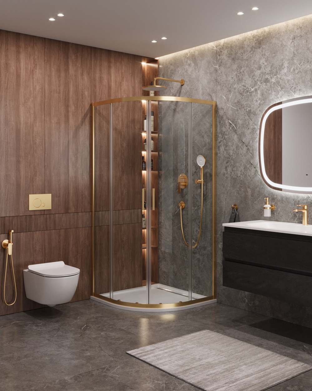 Душевой уголок Cezares MOLVENO-R-2-90-C-BORO-IV, 90х90х195, профиль брашированное золото, прозрачное стекло