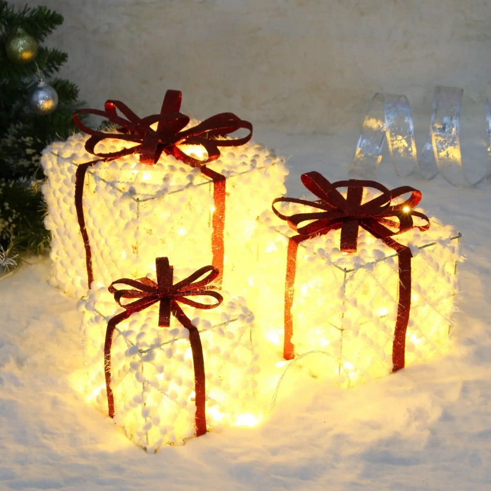 Фигура светодиодная «Подарок от Санты» (набор 3 шт: 12см, 15см, 19см), 220V, Красный (свечение - Теплый белый)