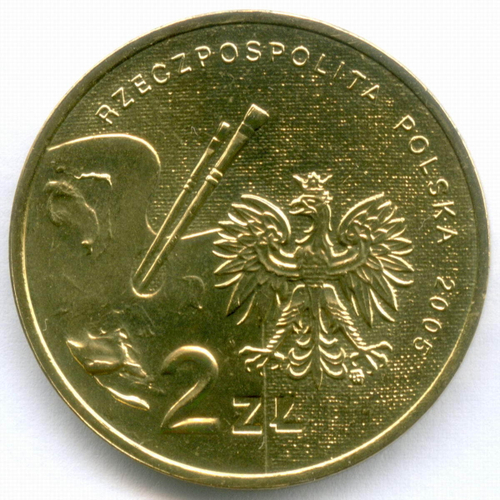 2 злотых 2005 год. Польша. Художник Тадеуш Маковский. Латунь, диаметр 27 мм. AUNC