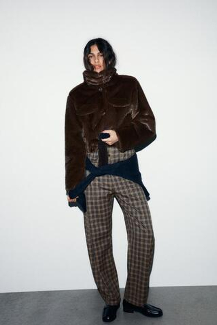 ZARA БРЮКИ BALLOON В КЛЕТКУ, СЕРО-КОРИЧНЕВЫЙ