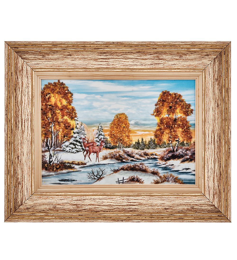 AMB-01/34 Картина «Олени на речной переправе» (с янтарной крошкой) пласт.рамка 33х42см