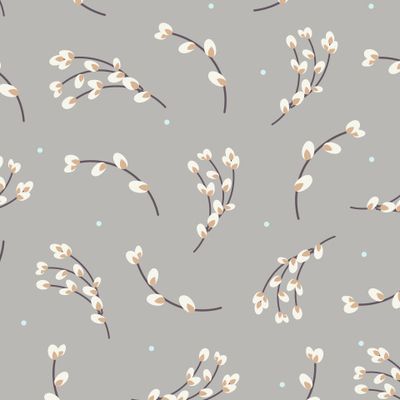 Верба на сером фоне. Пасхальный паттерн в нежных тонах