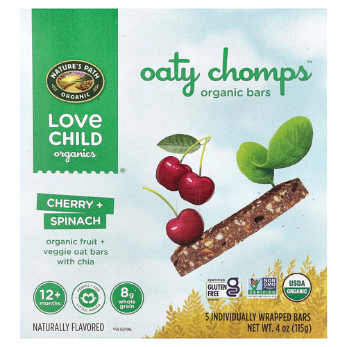 Love Child Organics, Nature's Path, органические батончики Oaty Chomps™, для детей от 12 месяцев, вишня и шпинат, 5 батончиков в индивидуальной упаковке, 23 г (0,8 унции)