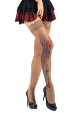 Чулки с принтом в виде цветного карпа кои на правой ножке (Размер: S-M-L) (Цвет: бежевый)